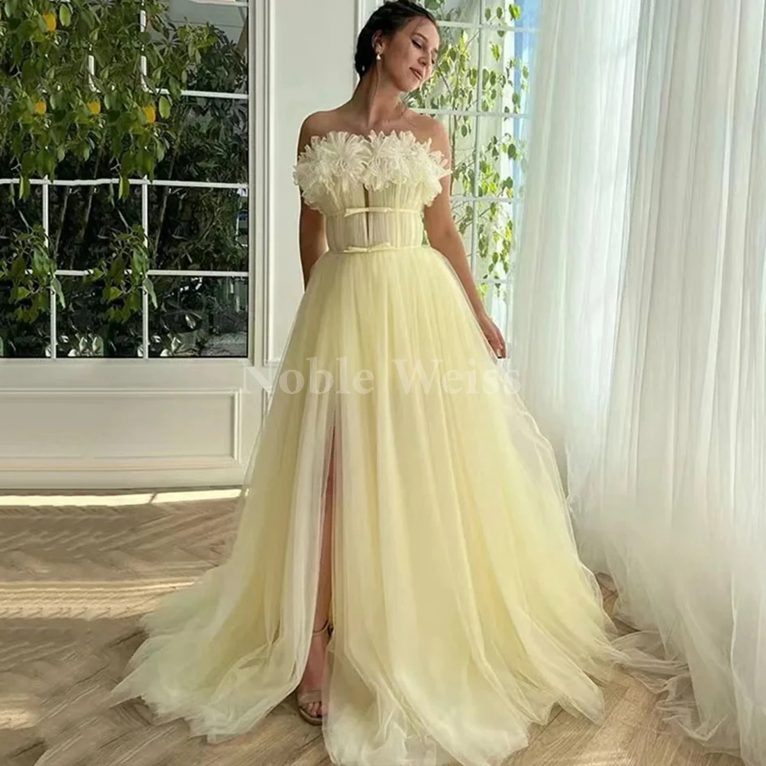 

Prom Dress Sweetheart Tulle Pleat A-Line Side Slit Graduation Gown Customize