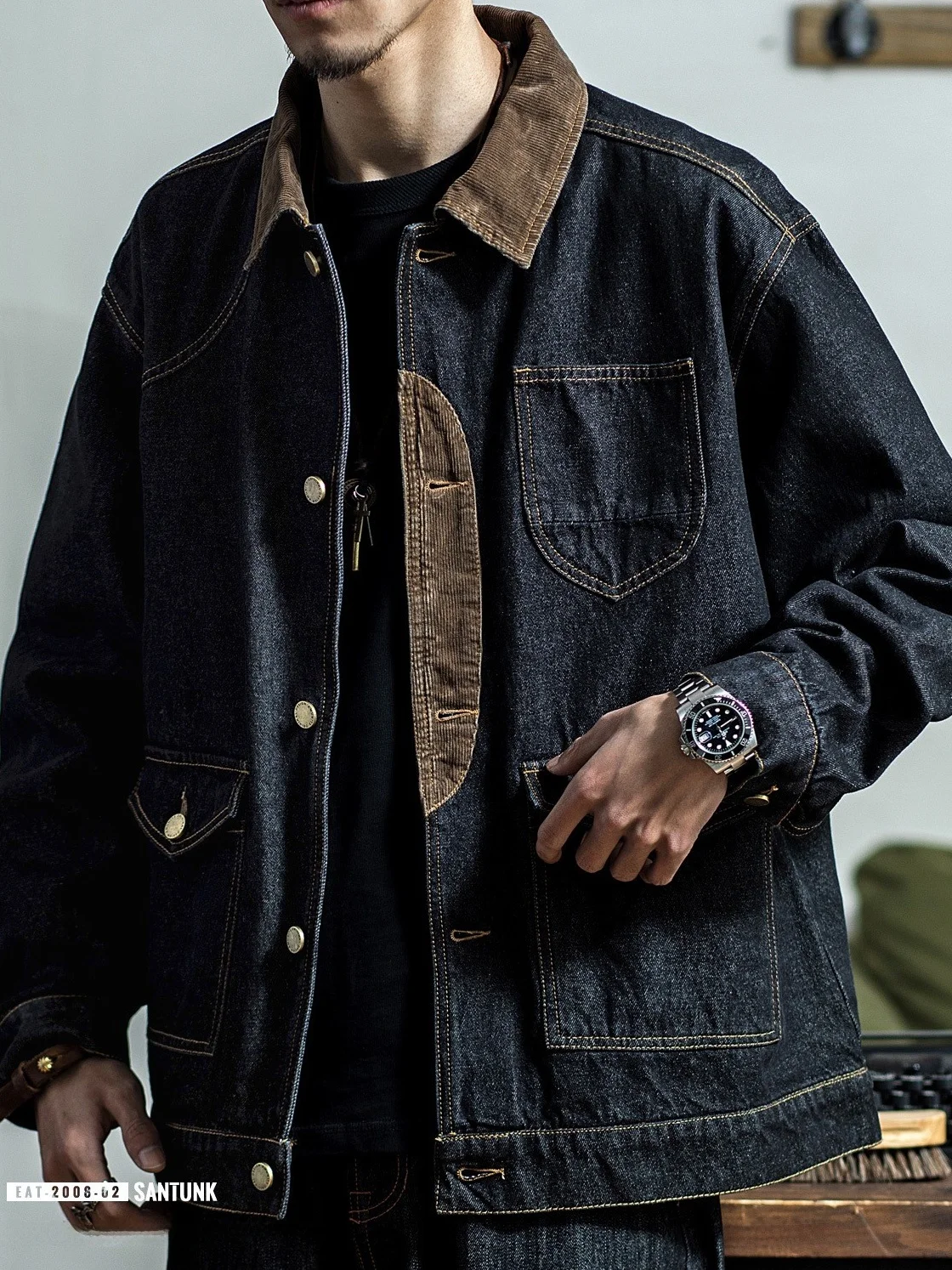 Corduroy Denim Jacket Men's Loose Fit Retro American Workwear High Street Stylish Outerwear Spring Autumn Trendy Coat