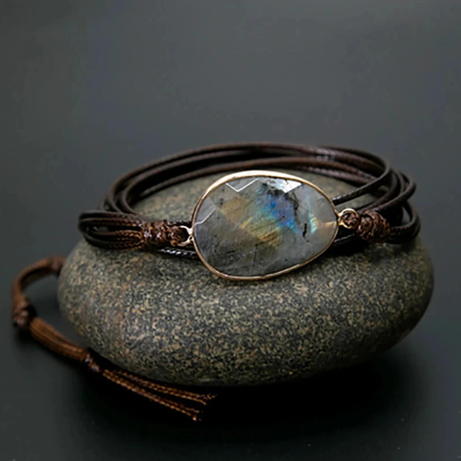 Dropshipping Vintage Gift Simple Vegan Wax Rope 5 Wraps Labradorite Stone Bracelet Jewelry for Women Men