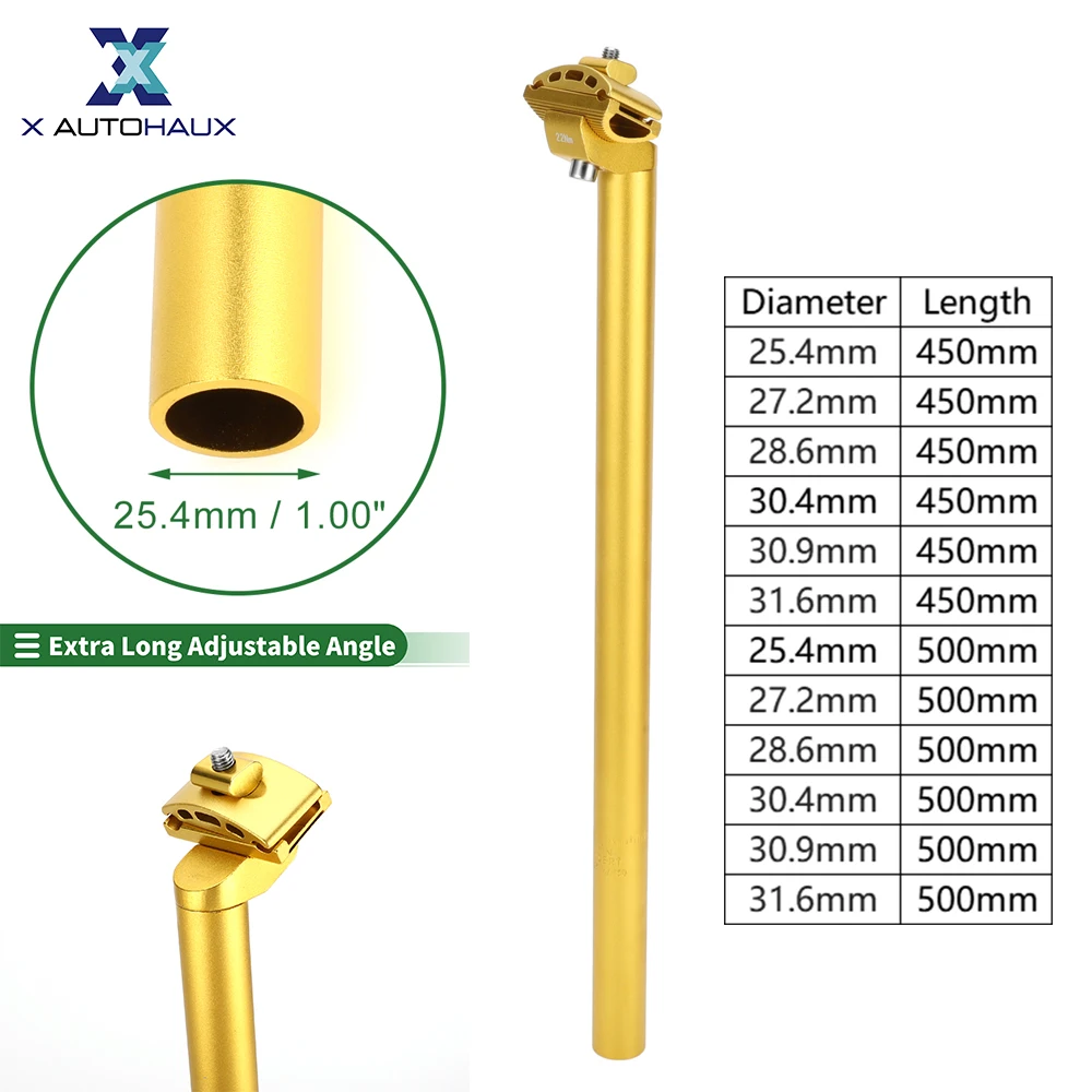 

X Autohaux Universal Bike Seat Posts Bike Saddle Post Seat Tube 25.4x450mm Extra Long Adjustable Angle Gold Tone 1 Set