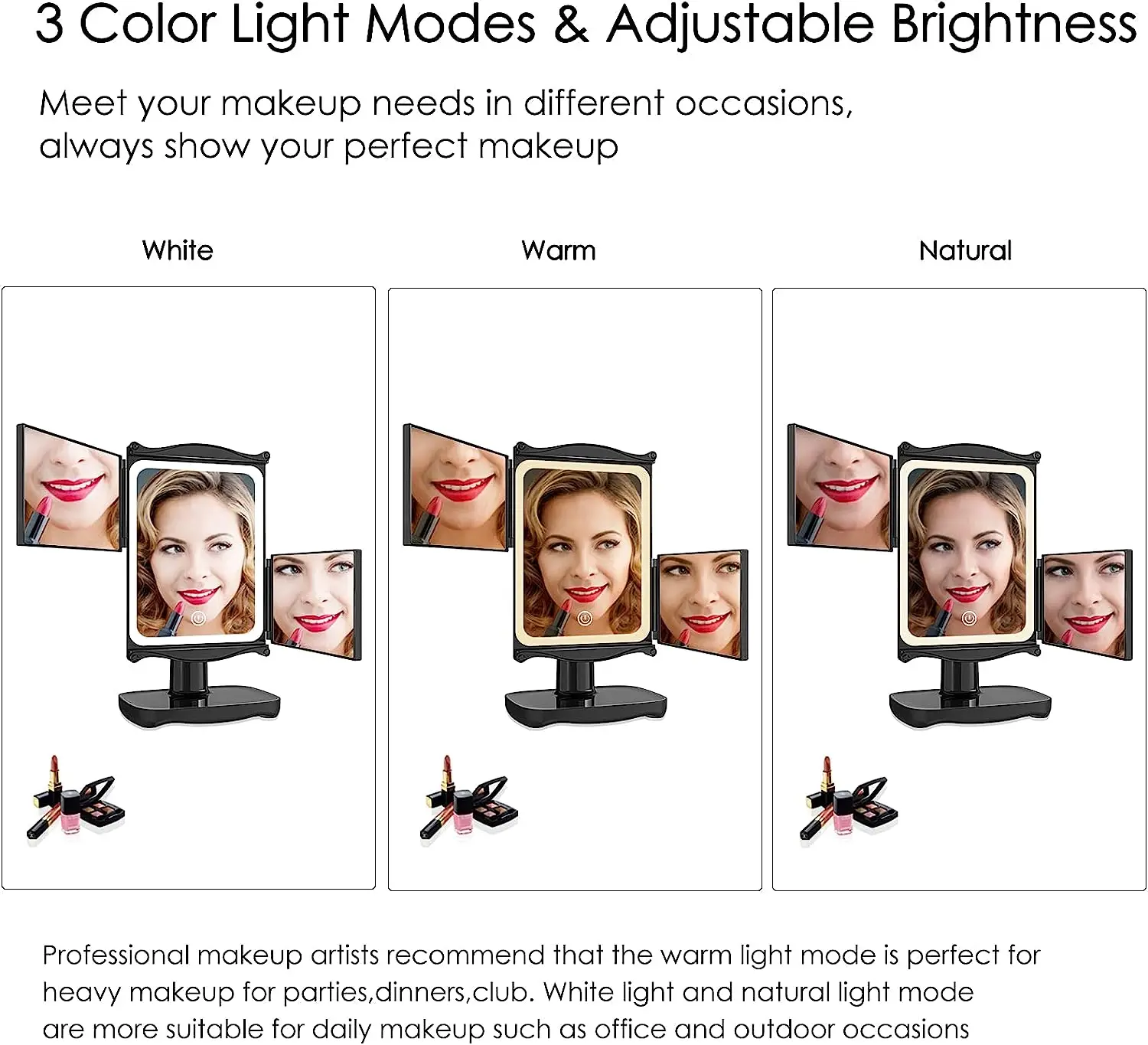 Miroir de maquillage éclairé avec lumières à intensité variable, miroir cosmétique de vanité LED à trois volets grossissant 3x/2x/1x, commande tactile 90 °   Rotation