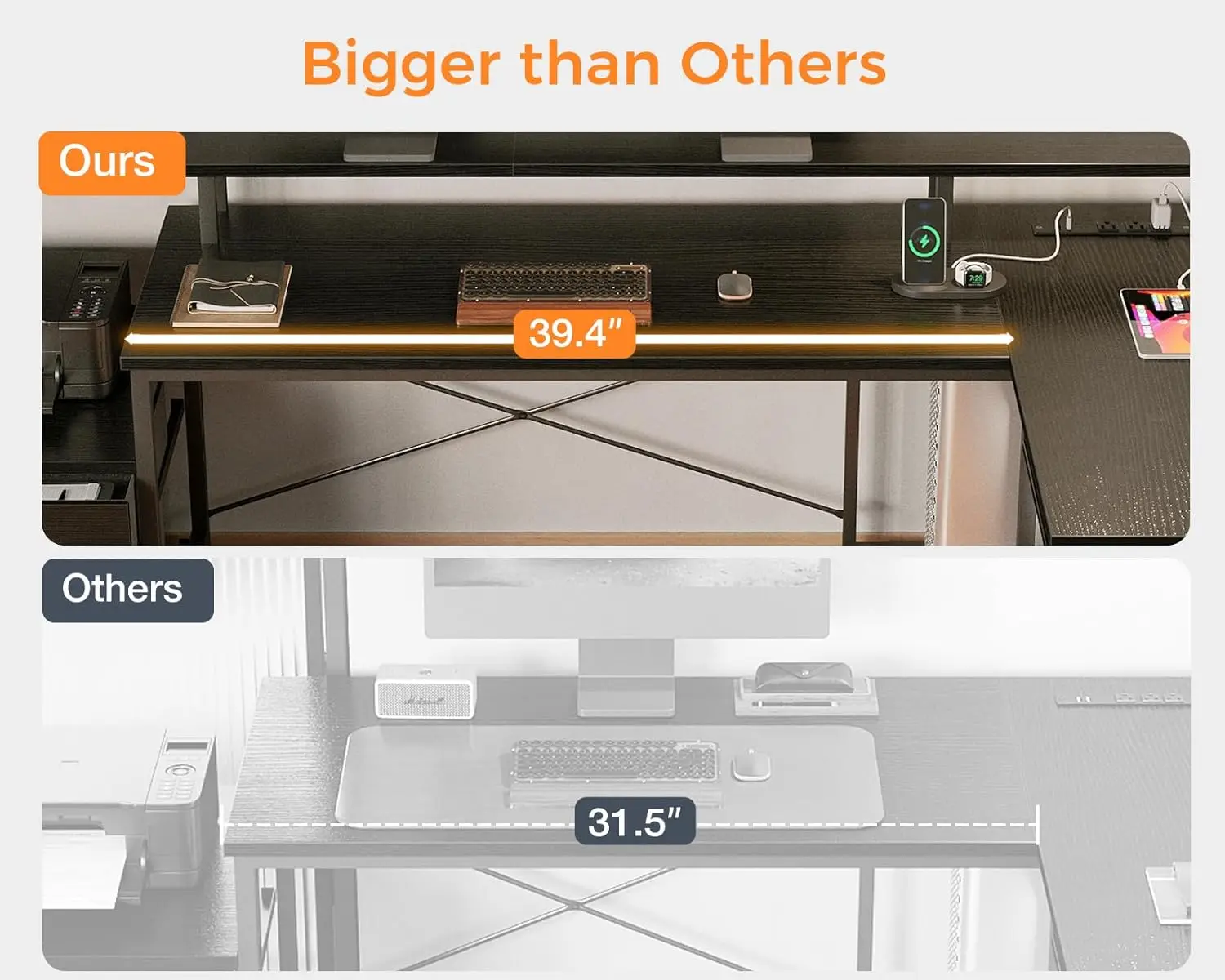 L-Vormige Bureau Met Dossierlade, 66 "Omkeerbare L-Vormige Computerbureau Met Stopcontact & Ledstrip, Bureau Aan Huis, Zwart