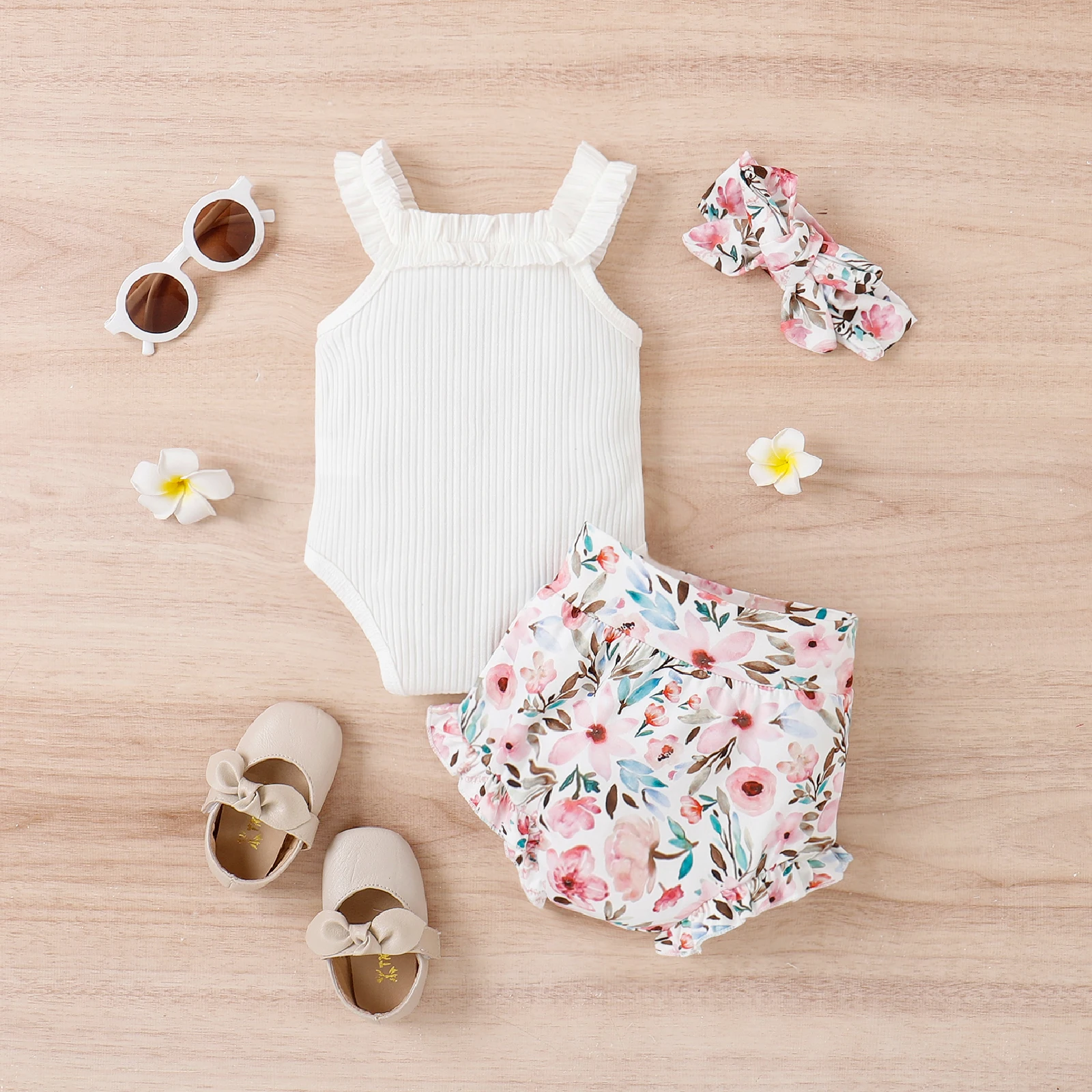 3PCS Summer Baby Girls 0-2 Years Old Soft And Comfortable Solid Color Pit Strip Halter + Multi-Pattern Shorts Casual Suit