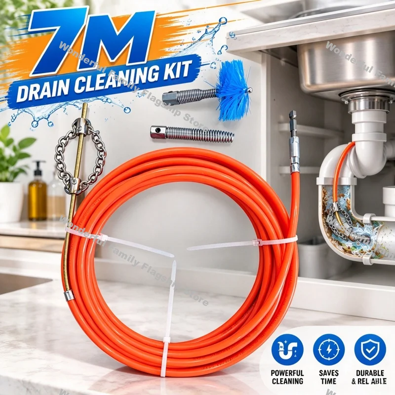 7M Flexible Drain Auger Plumbing Snake Tool - 65Mn Spring Steel Hex Shank Clog Remover for Sink and Sewer Pipe Unclogging