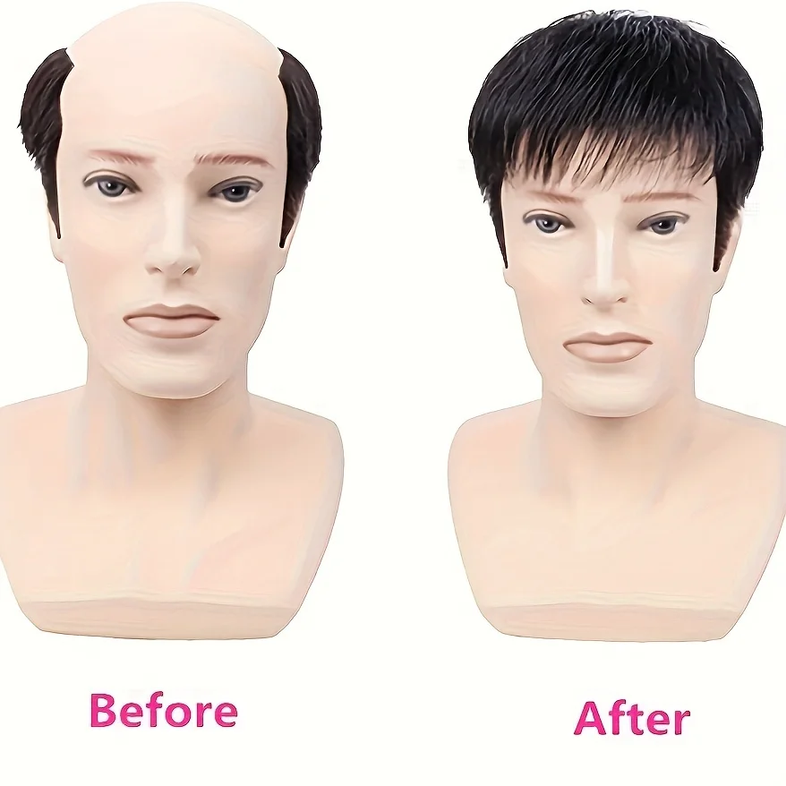 Men\'s short top black synthetic wig, easy to clip in, stylish design for balding and thinning hair types