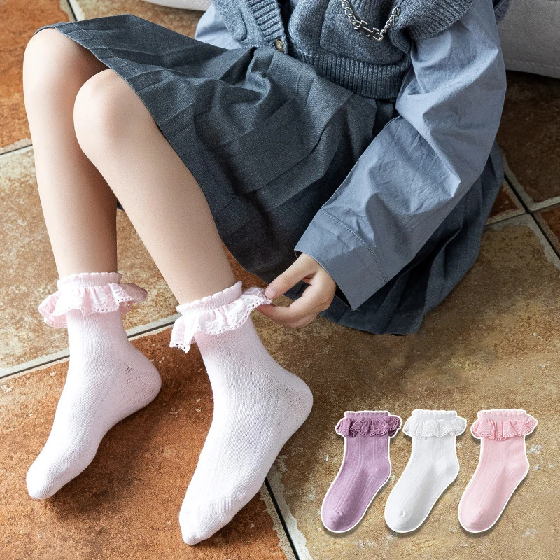 Spring Autumn Cotton Frilly Dance Toddler Short Ankle Stockings Kids Girls Cute White Princsee with Ruffles Lace Sock for Baby