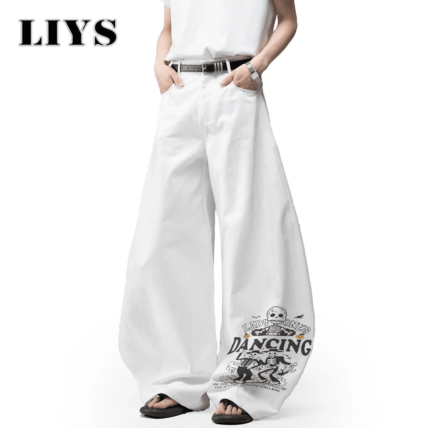 جينز كوري أبيض فضفاض للرجال واسع الساق 100% قطن مطبوع الهيب هوب أكاديمي فضفاض للجنسين من قماش الدنيم زي الهالوين