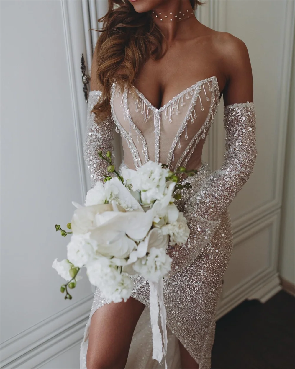 Tóquio personalizado lado branco alta divisão vestido de casamento sem alças mangas destacáveis tribunal trem vestido de noiva sereia vestido de casamento