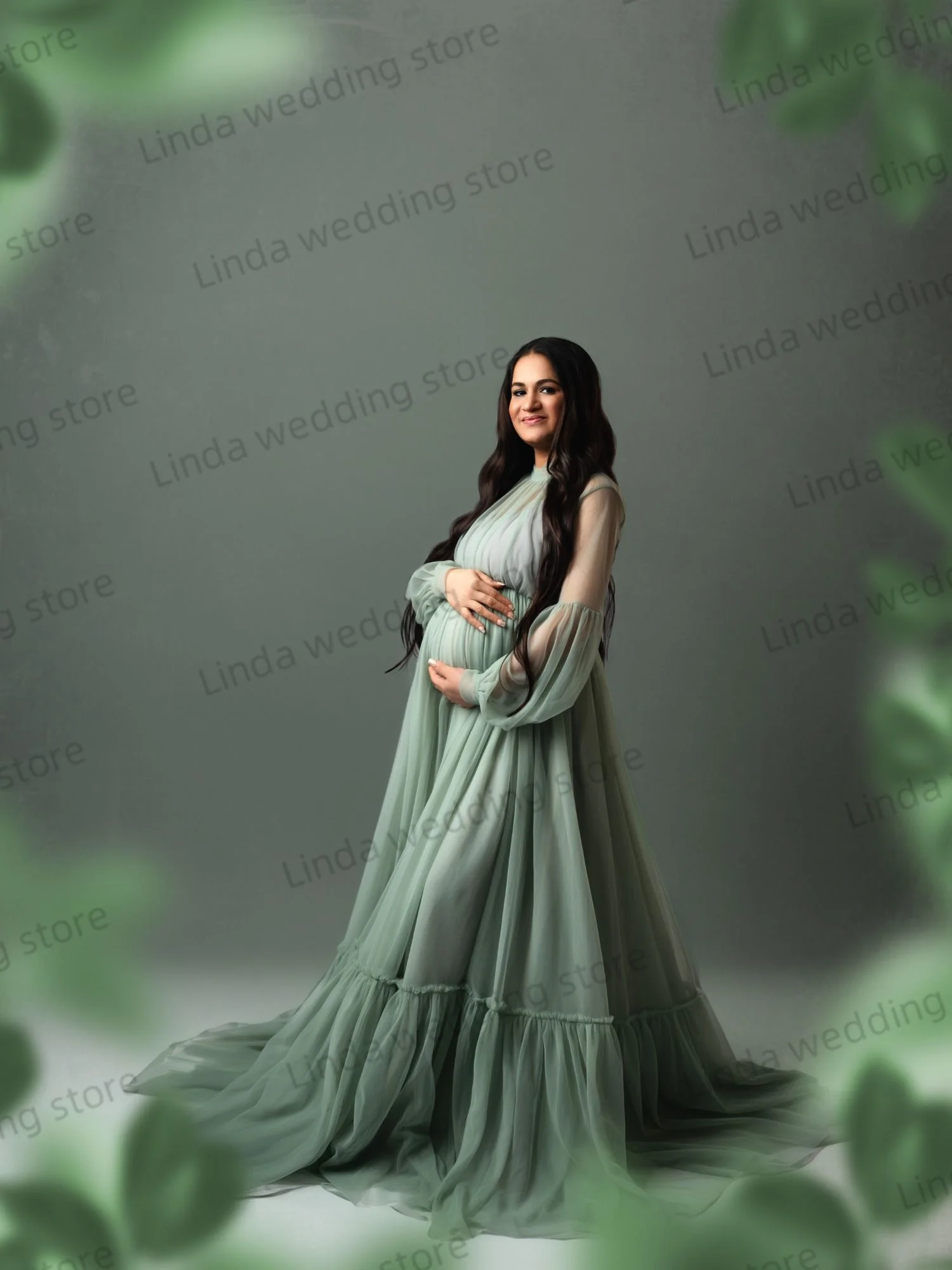 Mint Green Maternity Dresses for Photoshoot Modest Tulle Gala Dress Women High Neck Long Customized  Babyshower Pregnancy Dress