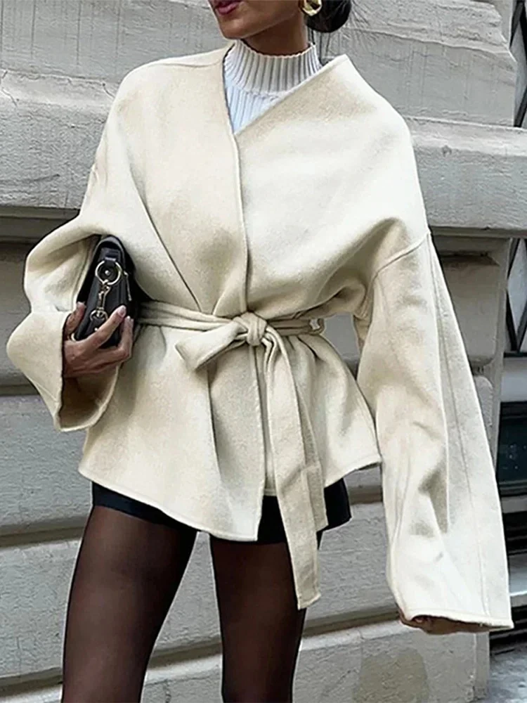 Women's Bow Tie Loose Patchwork Jacket Coat with Belt V-neck Long-sleeved Waist-tied Solid Slim Wearcoat Fall Winter Chic Coat