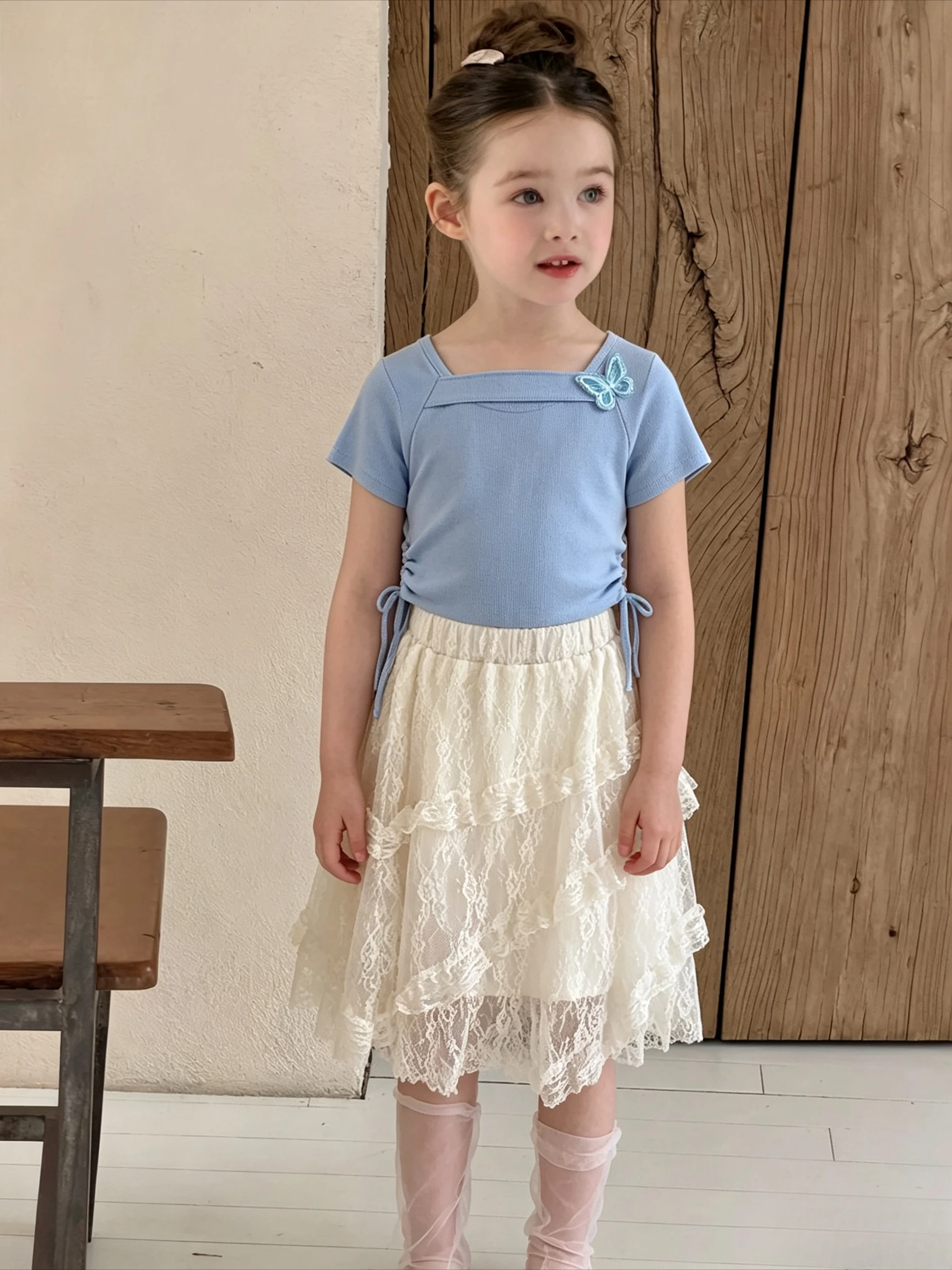 Girls' Summer New Korean Style Fashion Designable Short-sleeved T-shirt Casual Multi-layer Skirt Two-piece Set