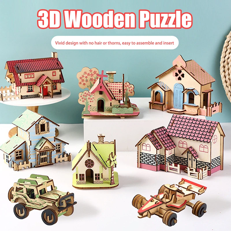 1Set Handmade Airplane Countryside Cottage Themed 3D Wooden Puzzle Vehicle Series Building Model DIY Educational Simulation Toy