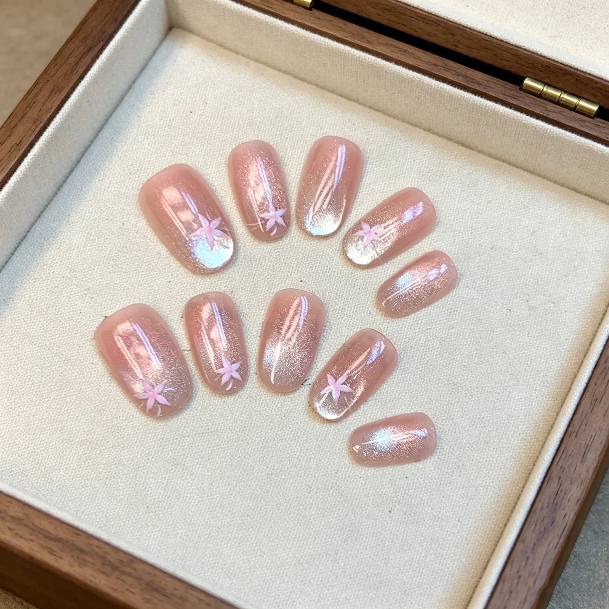 10Pcs Almond Nude Pink Cat Eye Press On Nails Glitter & Flower Ins Style Reusable Glossy False Nails For Women Daily Manicure