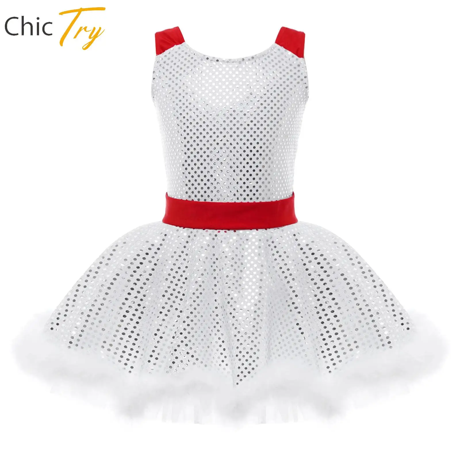 Kids Girls Ballet Dresses Sleeveless Tutu Sequins Dress Red Figure Ice Skating Dress Gymnastics Leotard Christmas Dance Costume