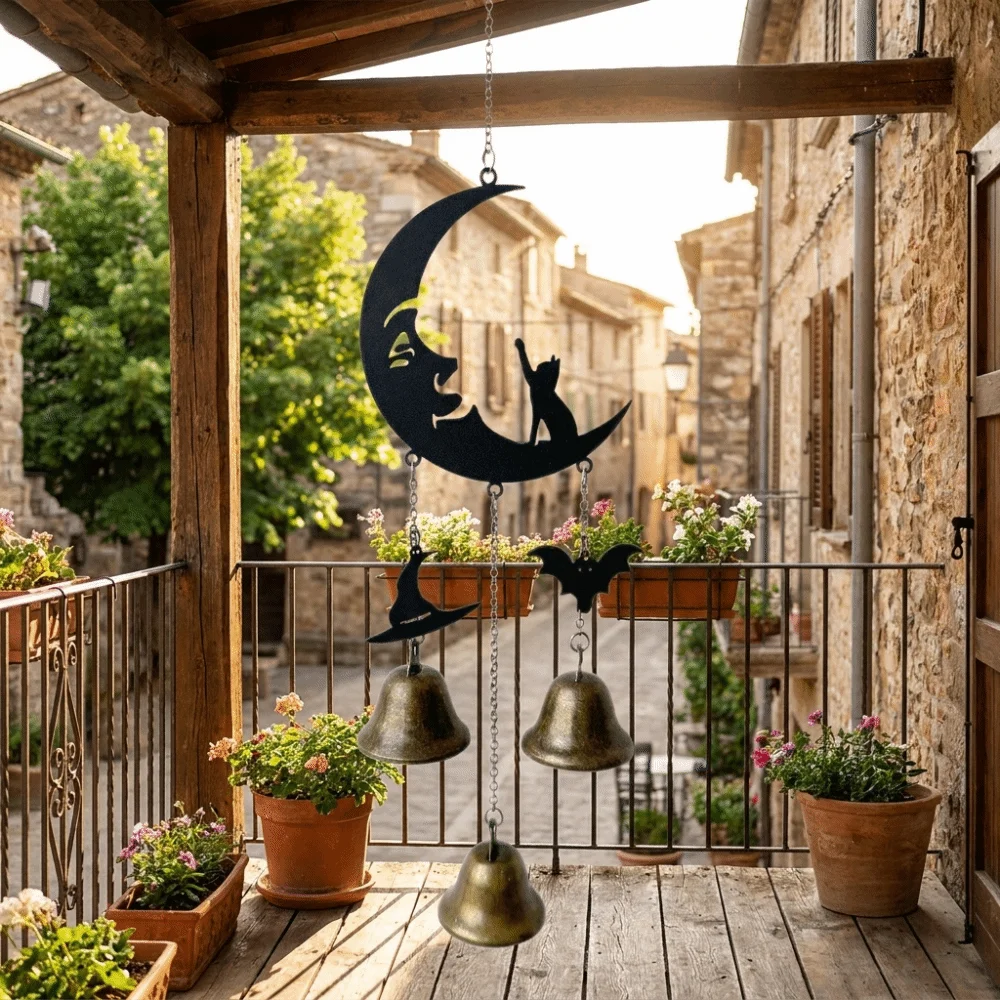 Creative Retro Halloween Moon Wind Chime Decorative Durable Black Cat Wind Chimes Witch Hat Garden Patio Decor Outdoor