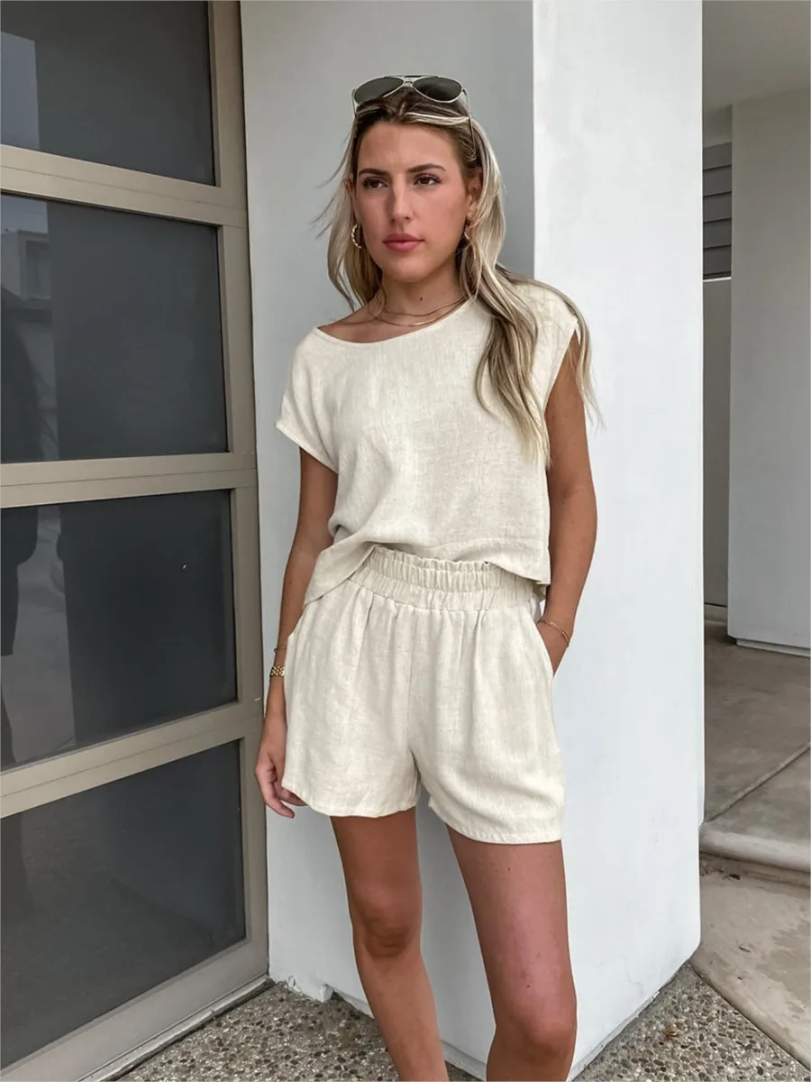 

Cotton And Linen Summer Shorts Sets 2024 New Women O Neck Dropped Shoulders Cropped T-shirt+Shorts Casual Home Cozy 2 Piece Set