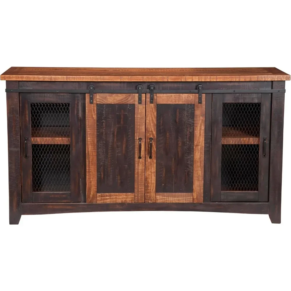 

Living Room Cabinet, Solid Wood TV Stand, 65 ", Antique Black And Aged Distressed Pine||