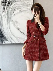 Elegant Women Double Breasted Tweed Jacket Autumn Slim Fit Office Lady Work Long Sleeve Dresses Vintage Plaid A Line Mini Dress