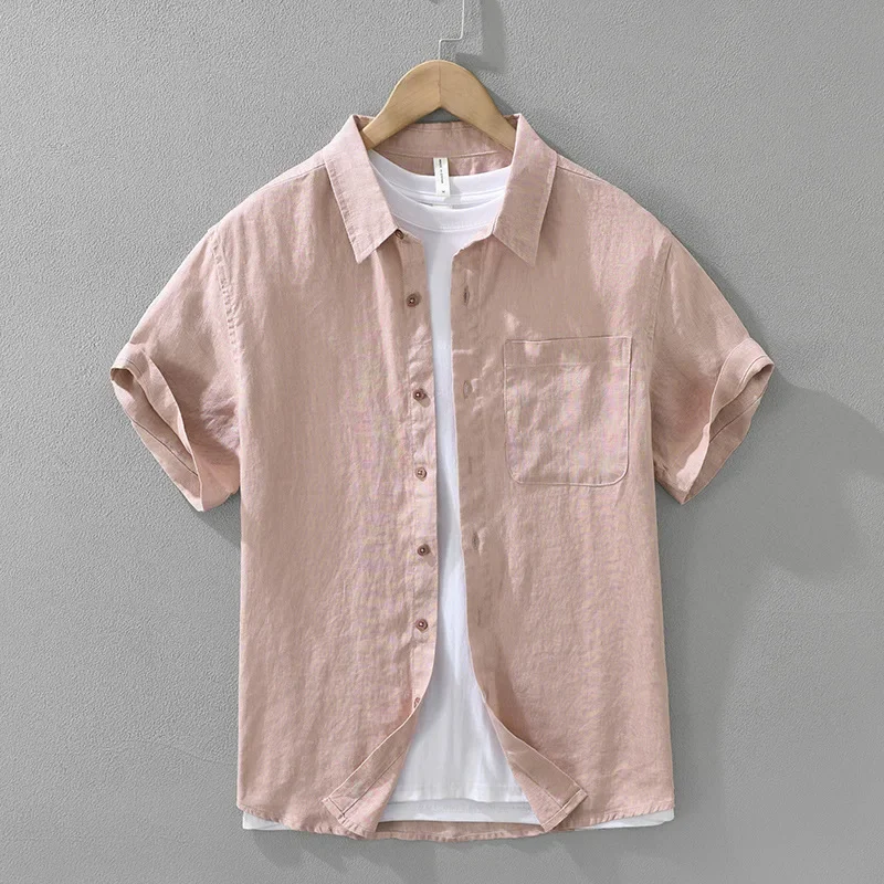 

2026 Spring Summer New Breathable Pure Linen Short Sleeve Shirts for Men Clothing big pockets Turn-down Collar Shirts