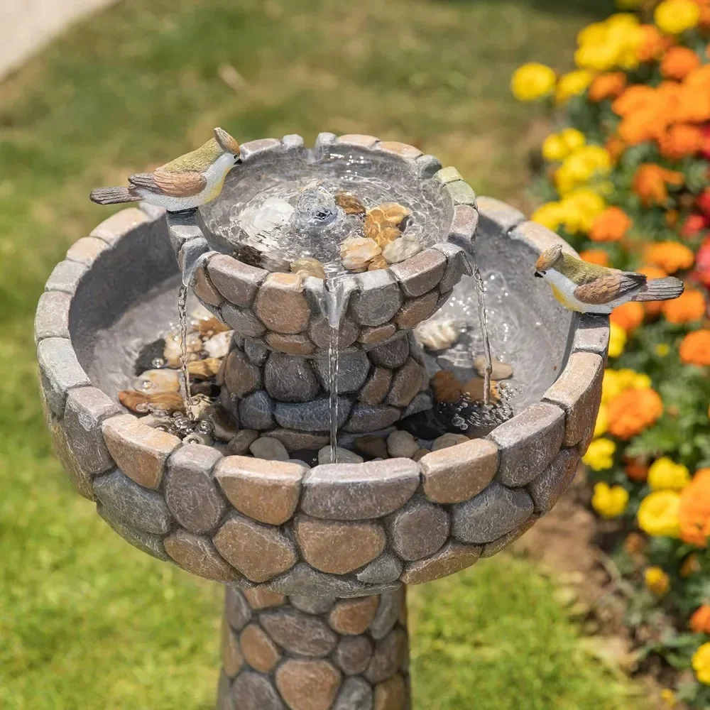 Outdoor Water Fountain, 2-Tier Stone Like Outdoors Water Fountains Bird Bath Patio Fountains with Birds Decor, Outdoor Fountain