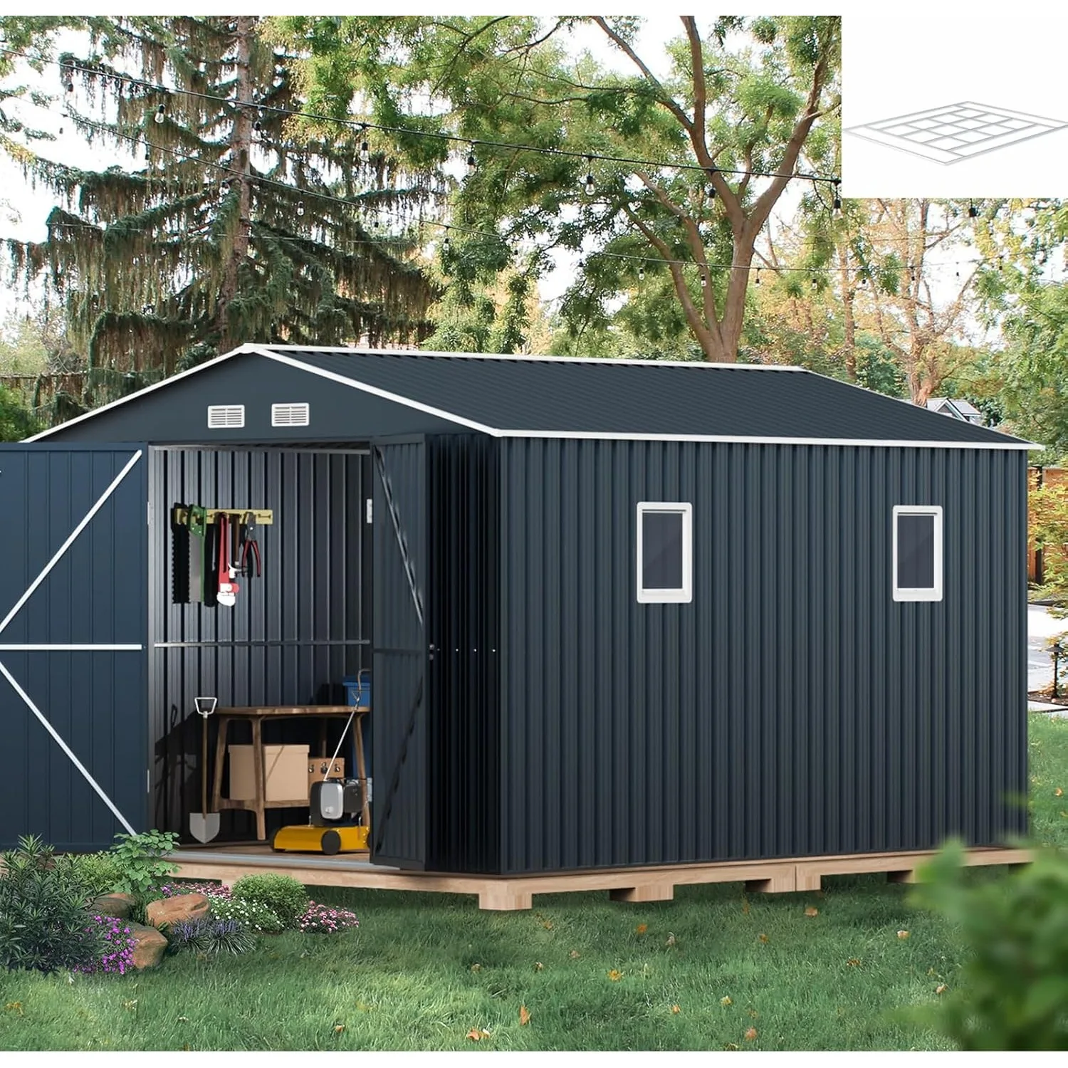 

10X12X7.5 FT Outdoor Storage Shed Lockable Doors 2 Windows Transparent Roof Panels Metal Frame Floor (Wood Panels Not Included)