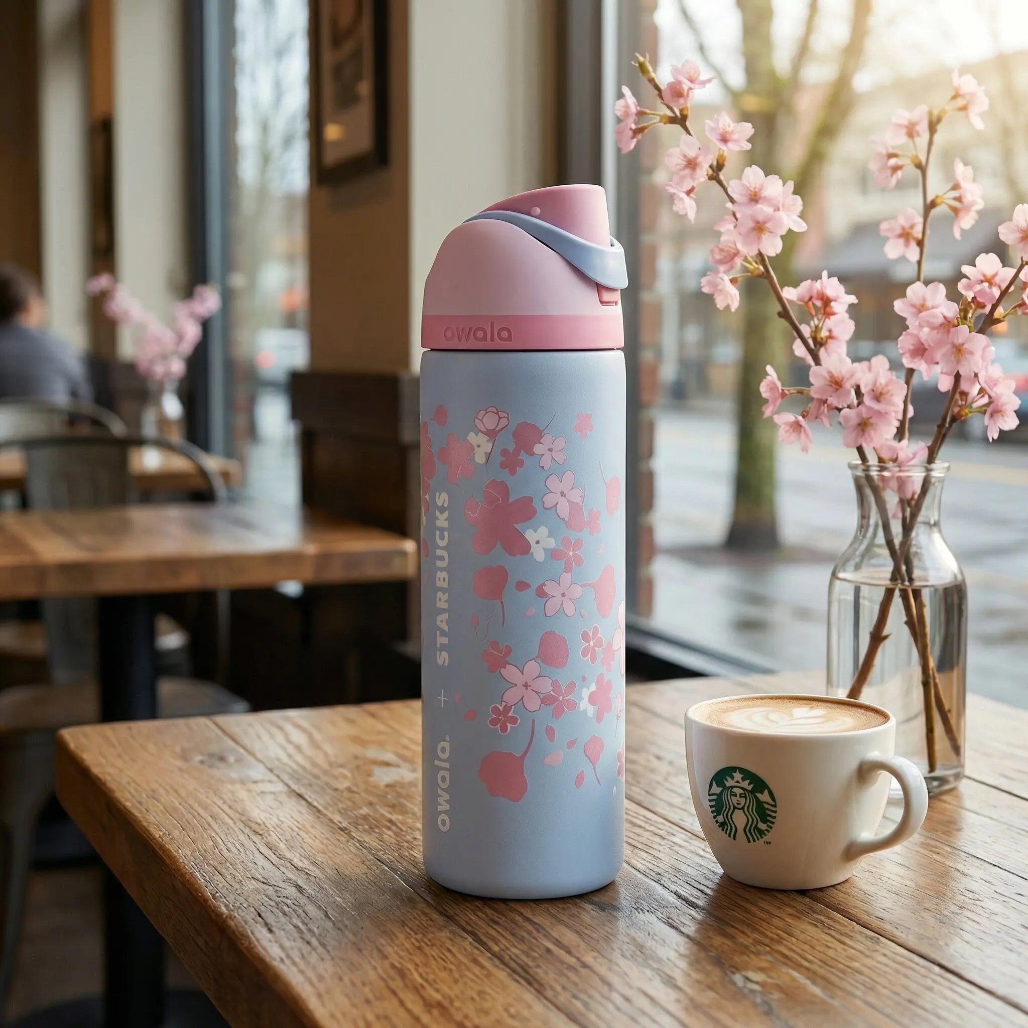 Copo térmico de aço inoxidável com padrão de colaboração Starbucks e flor de cerejeira, copo de água com canudo, copo de água para atividades ao ar livre.