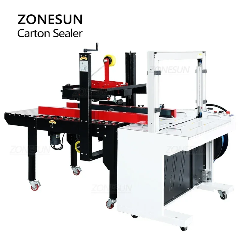 ZONESUN ZS-FK5050S ماكينة ختم الكرتون الأوتوماتيكية علبة تسجيل الربط معدات التعبئة والتغليف نظام الملاكمة تبسيط