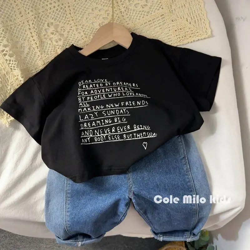 Summer Korean Children Boys T-shirts Loose Letter Print Kids Baby Boys Short Sleeve Tees Round Collar Cool Thin Toddler Boy Tops