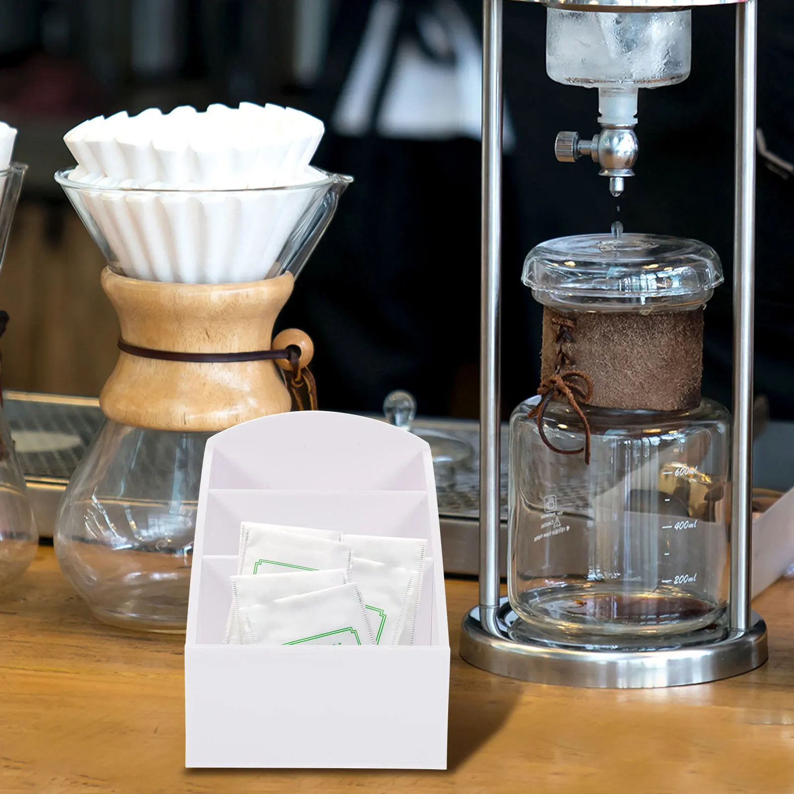 صندوق حقيبة توابل من الأكريليك منظم محطة القهوة وحامل تخزين لأكياس الشاي وحزم السكر ومستلزمات الفنادق كونترتوب