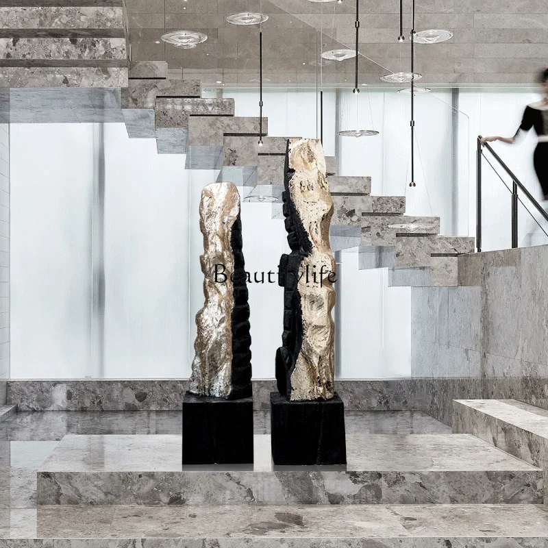 Charcoal paste gold foil wood carving ornament floor hotel lobby abstract sculpture installation artwork