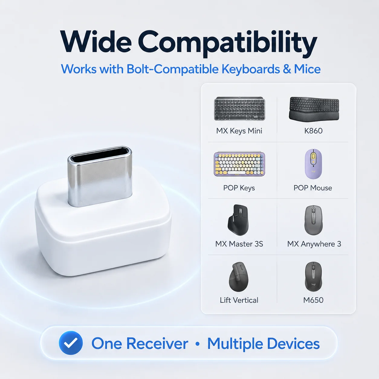 USB-C Wireless Receiver Adapter Compatible with Bolt MX Keys Mini K860 POP Keys Mouse MX Master 3S MX Anywhere 3 Lift Vertical