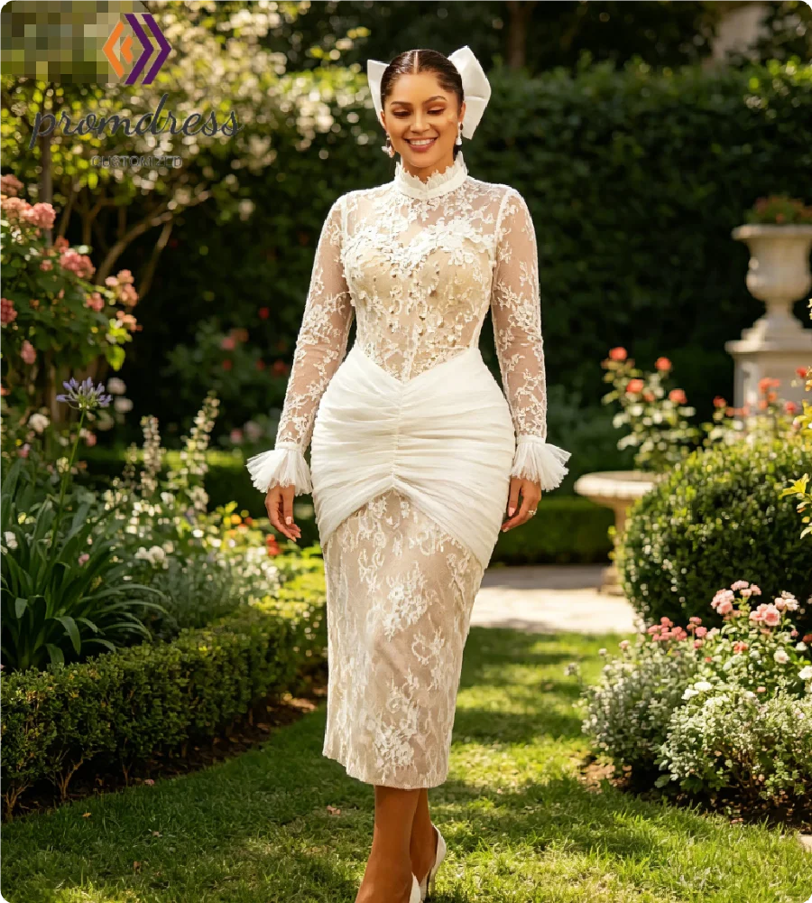 Elegant Champagne Civil Wedding Dress For African Women Long Sleeve Lace Tea Length Short Plus Size Bridal Elopement Courthouse