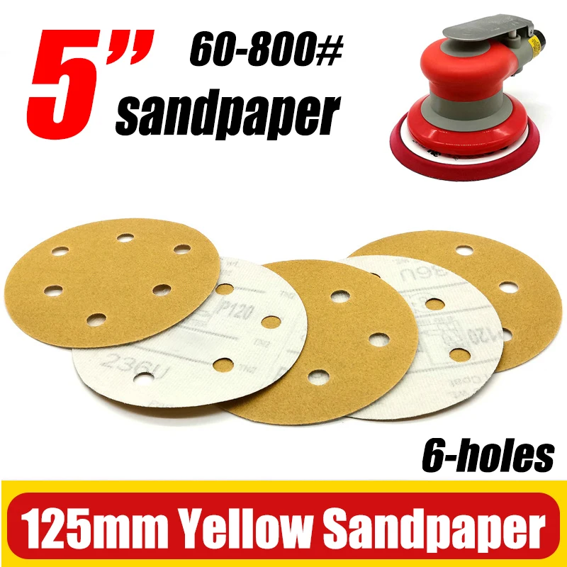 

5pcs 5" 125mm Yellow Flocked Sandpaper Disc With 6-holes Grit 60-800# Hook&Loop Abrasive Grinding Polishing Pad for Dremel Tools