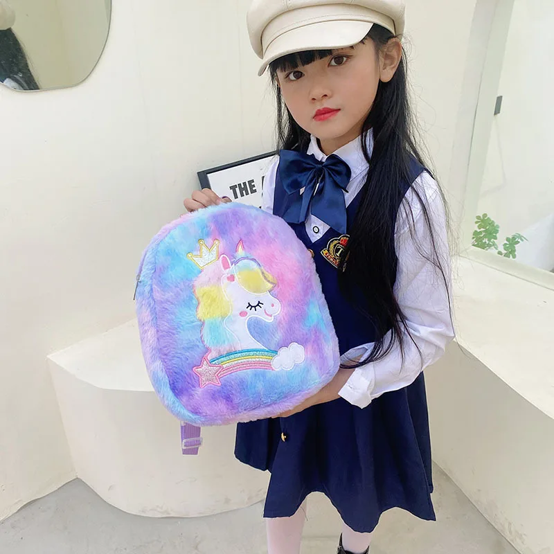 Children's Fashion Cartoon Lovely Unicorn Plush Leisure LED Light Backpacks Change Purse for Kindergarten Girls Children Gift