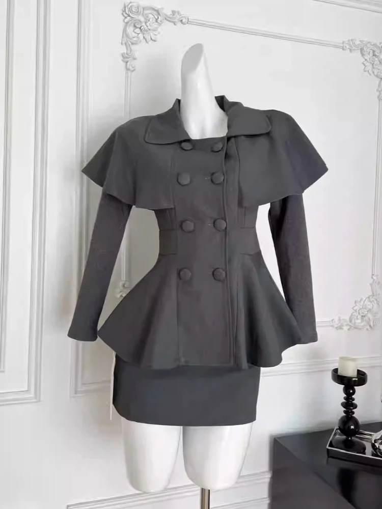 

Новая корейская элегантная модная верхняя одежда, комплект из 2 предметов, женский двубортный плащ, пальто + юбка, шикарная корейская популярная одежда в стиле Харадзюку