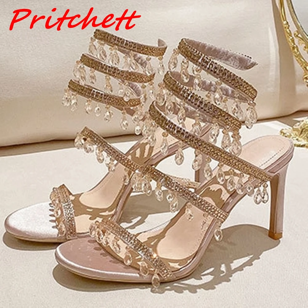 

Bling Rhinestone Fringe Women Sandals Round Toe One Word Belt Slip On Sexy Thin Heels Summer Mature Party Wedding Fashion Shoes