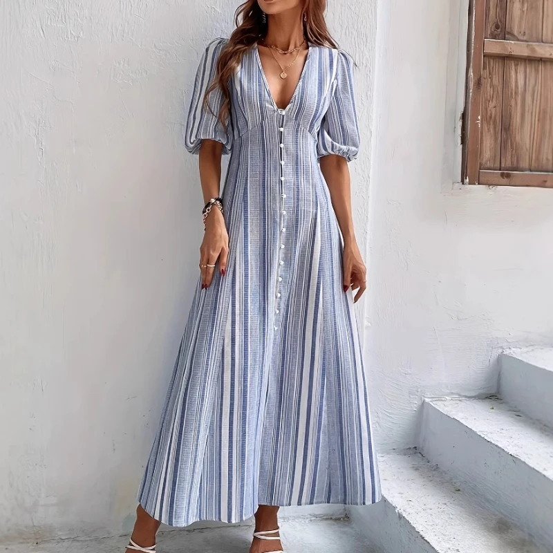 

Women Summer V Neck Loose Vintage Strpied Single Breasted Maxi Dress Buttons Summer Long Dresses Casual Office Lady Y2K Comuuter