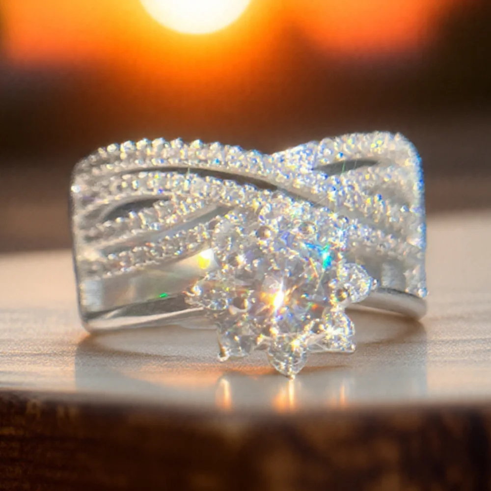 1 Pc Luxury Shiny Flower Cubic Zirconia Cross Ladies Ring Bohemian Ring Ladies Wedding Party Banquet Cocktail Ring High Jewelry Accessories Ladies Daily Ring Good and Cheap Gift for The Girl