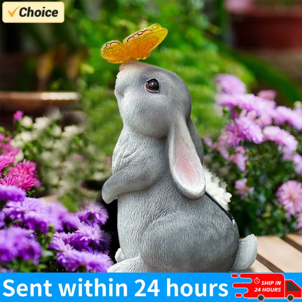 Solar Rabbit Light Bunny Butterfly Ornament Waterproof Rabbits Sculptures Light Resin Cartoon for Outdoor Garden Decor