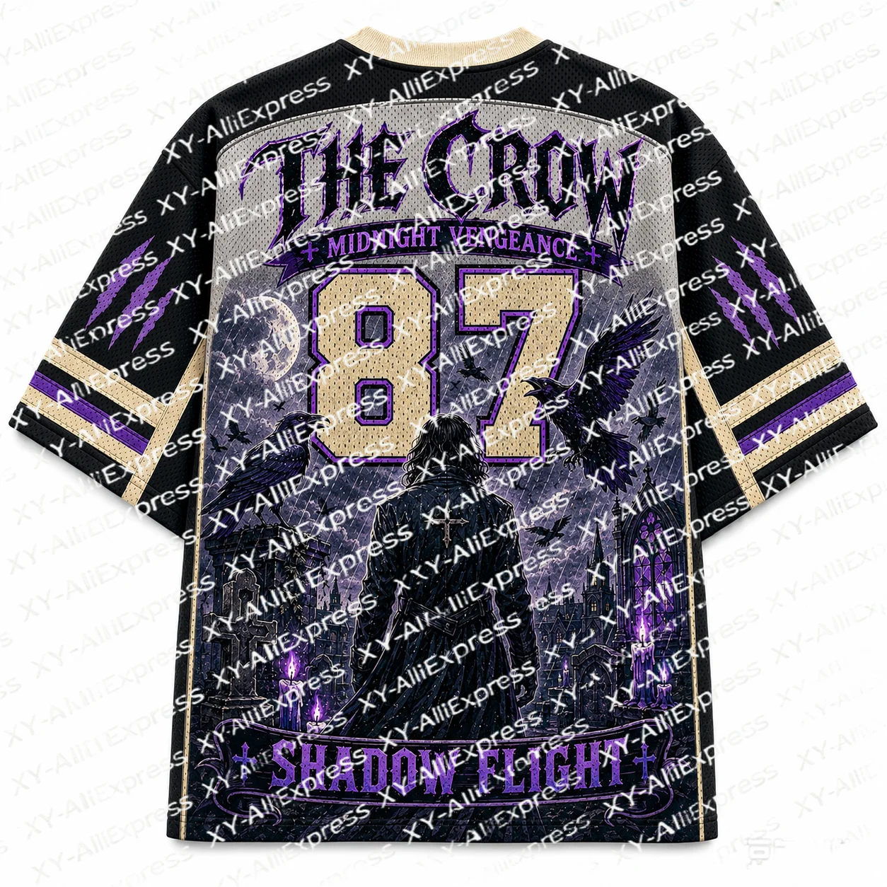 Gothic-style Night Crow Cemetery Themed Jersey, Short-sleeve Shirt, Dark Moon Church Candle Print, Alternative Street Style