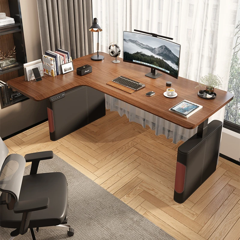 Corner solid wood electric lifting table, L-shaped corner computer  home saddle leather, black walnut wood desk, office