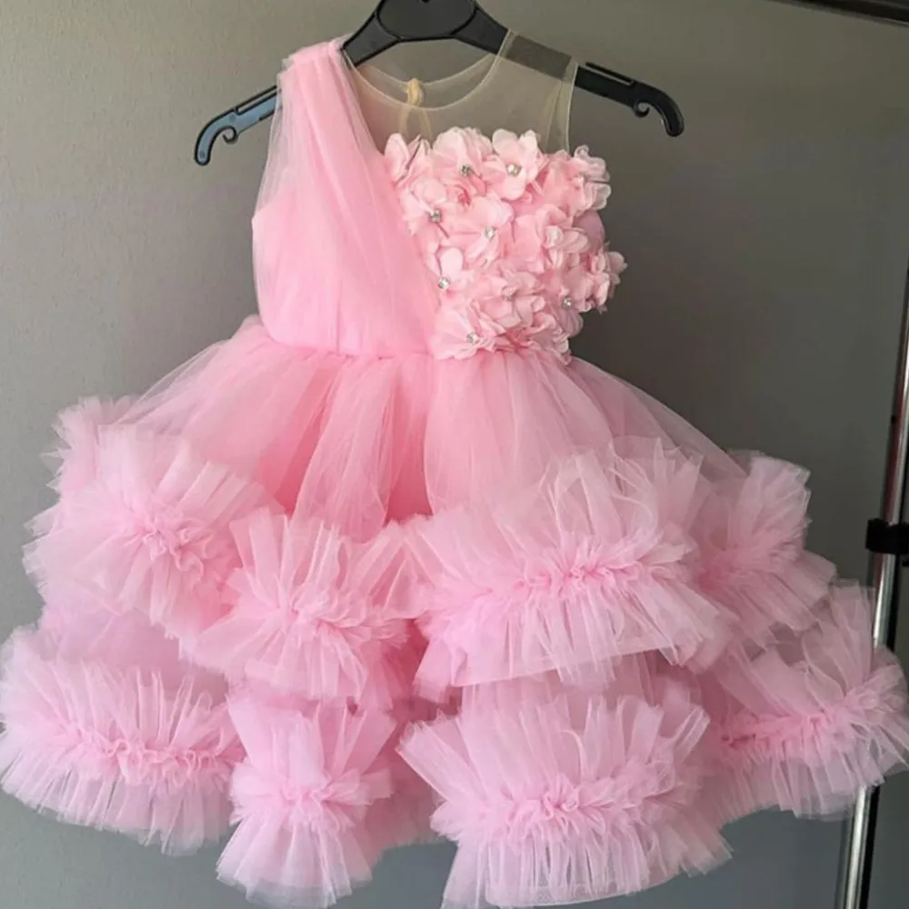 

Children's dress princess fluffy gauze pink three-dimensional flower tutu baby dress