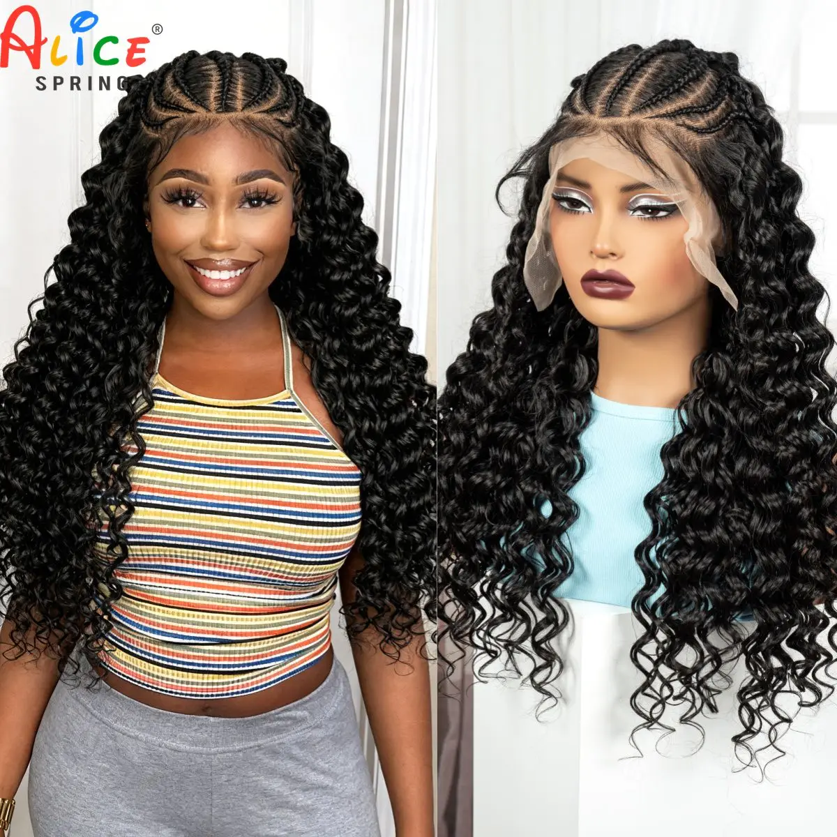 26Inch Cornrow Braided Wigs 13x6 Synthetic Lace Fronta Natural Deep Wave Braiding Hair Wigs with Baby Hair for Black Women