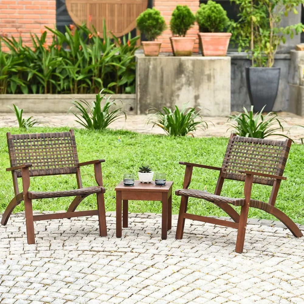 3 PCS Patio Conversation Set, Solid Eucalyptus Wood Frame Outdoor Wicker Furniture Set Bistro Set with Coffee Table,
