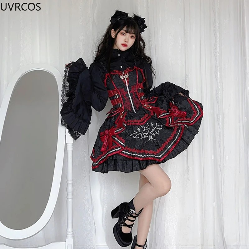 Gothic Y2k Lolita Style Shirts Women Kawaii Ruffled Collar Flare Long Sleeves Blouse Female Japanese Victorian Vintage Slim Tops