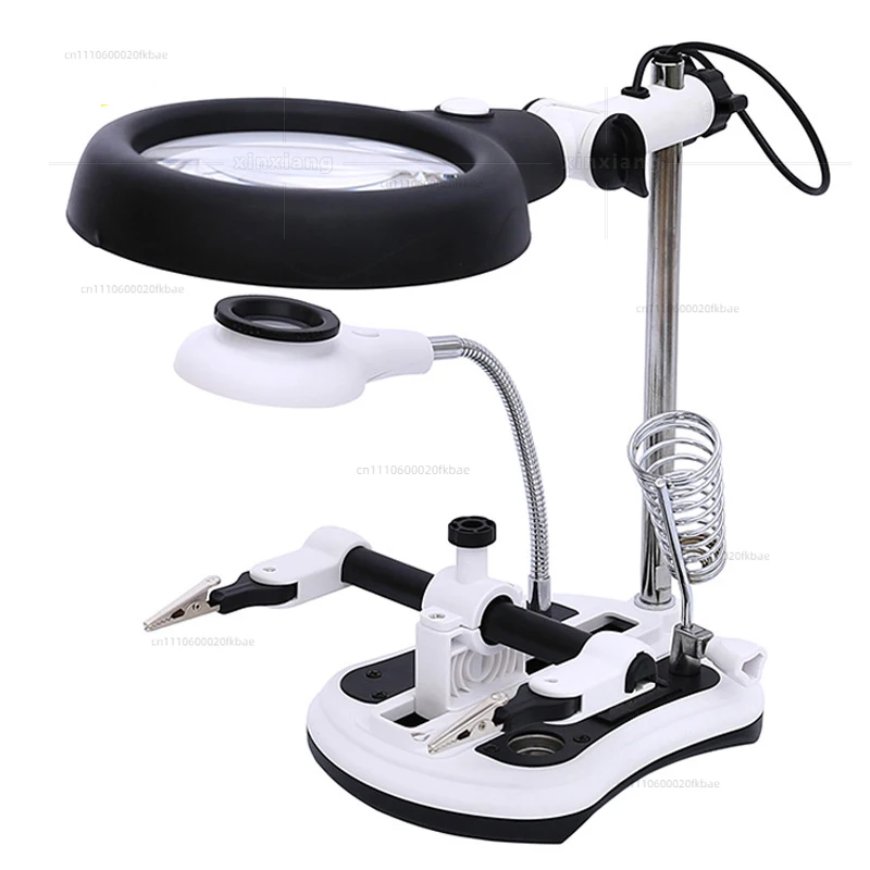 3-in-1 Welding Magnifier with 4 Lenses and 18 LED Lights, Clip-on Auxiliary Magnifier, Soldering Iron Stand