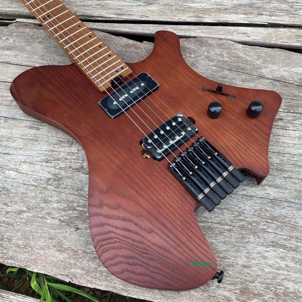 Acepro Upgraded Headless Electric Guitar Brown Roasted Ash Body P90+ Humbucker Pickups Roasted Maple Fretboard Guitarra