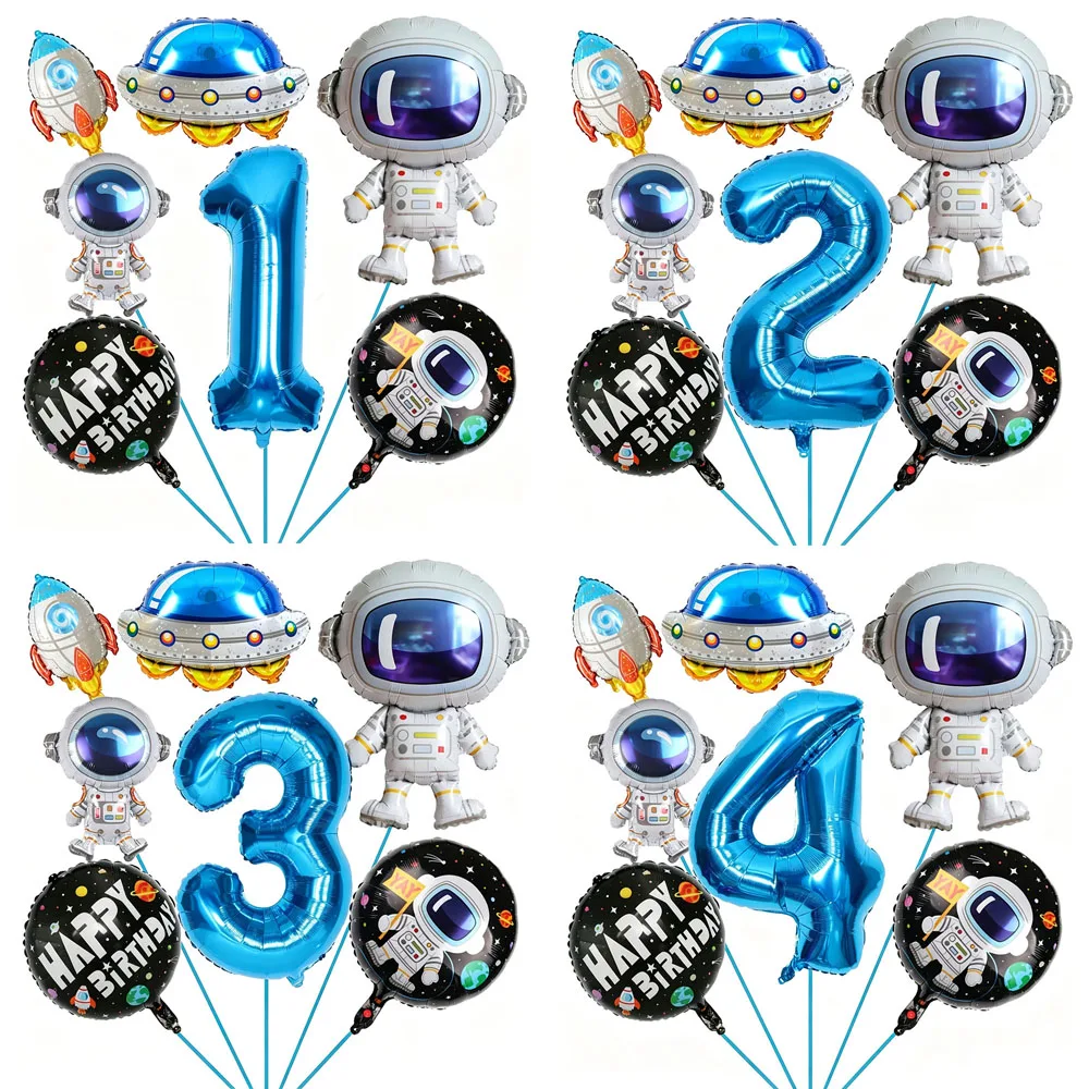 7-teiliges Astronauten-Raketen-Ballon-Set 32 Zoll Blaue Zahlenballons Weltraum-Themenparty Dekoration Festbedarf Geburtstagsgeschenk