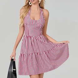 Women's Short Halter Dress Striped Print Sleeveless Backless A-Line Tiered Ruffle Dress for Party Club