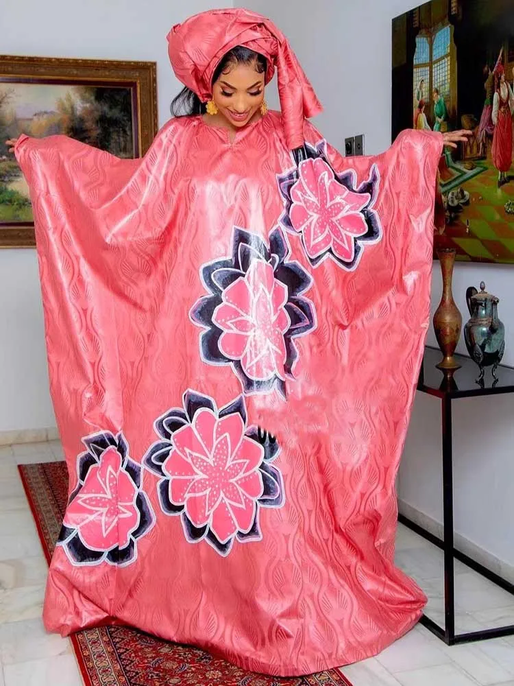 Popular 2024 African Pink Bazin Loose Maxi Dress with Matching Headscarf - Ideal for Daily Wear, Gatherings, and Parties